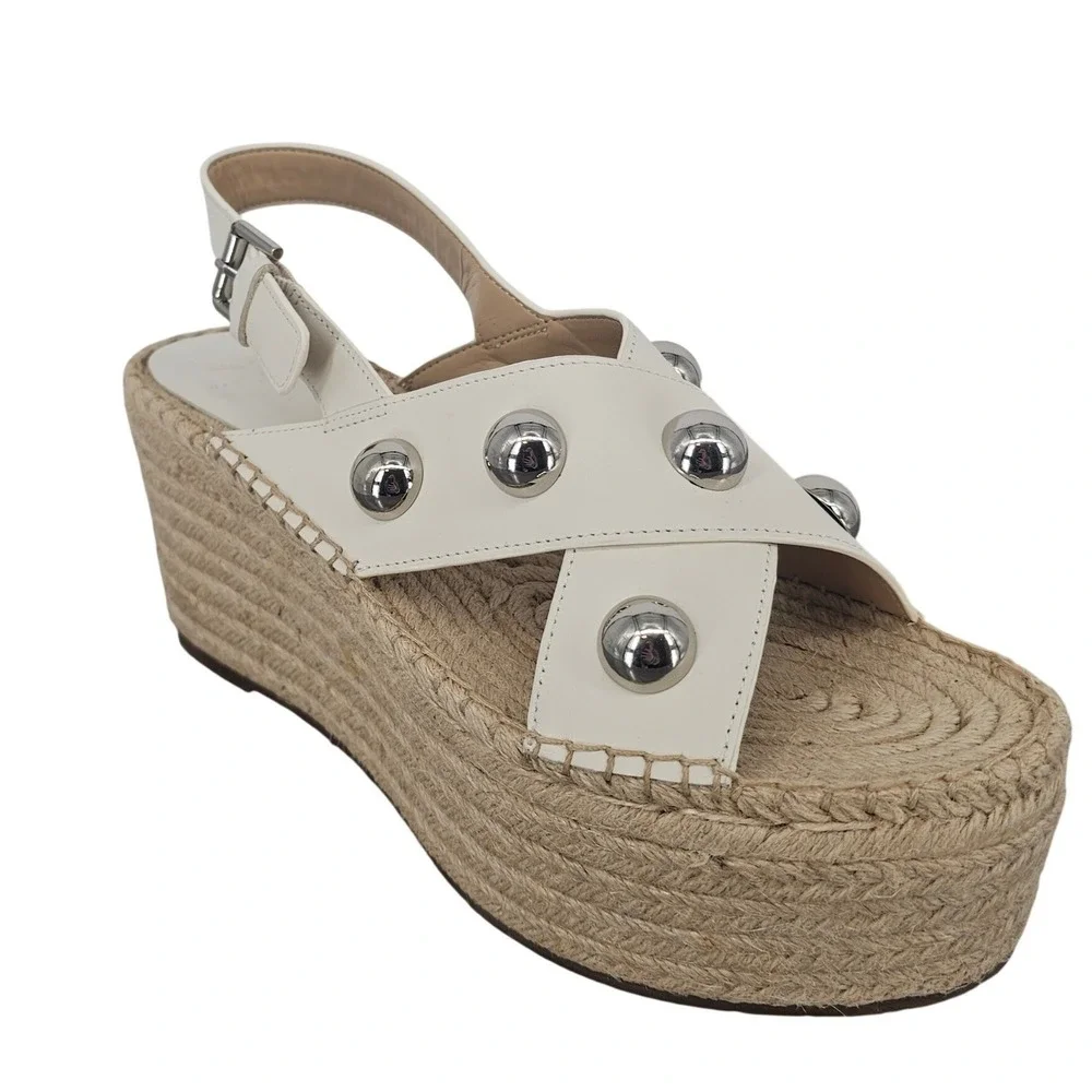 Marc‎ Fisher Mirella White Leather Studded Platform Espadrille Wedge Sandals 10M